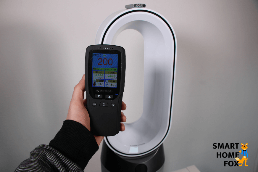 Das Messgerät zeigt die Messwerte am Anfang des Tests, im Hintergrund steht der Dyson Luftreiniger